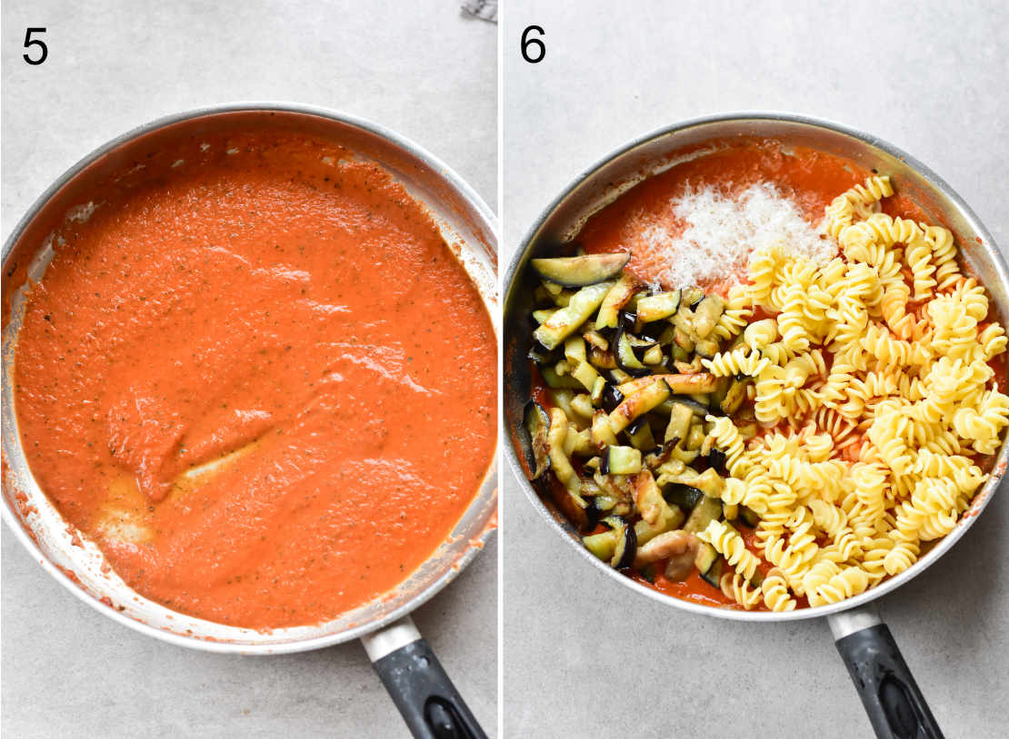 tomato sauce in a pan, tomato sauce with eggplant and cooked pasta in a pan