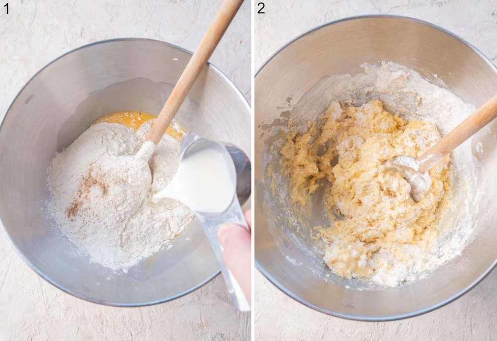 Milk is being added to Spätzle ingredients in a bowl. Ingredients are being mixed with a spoon.