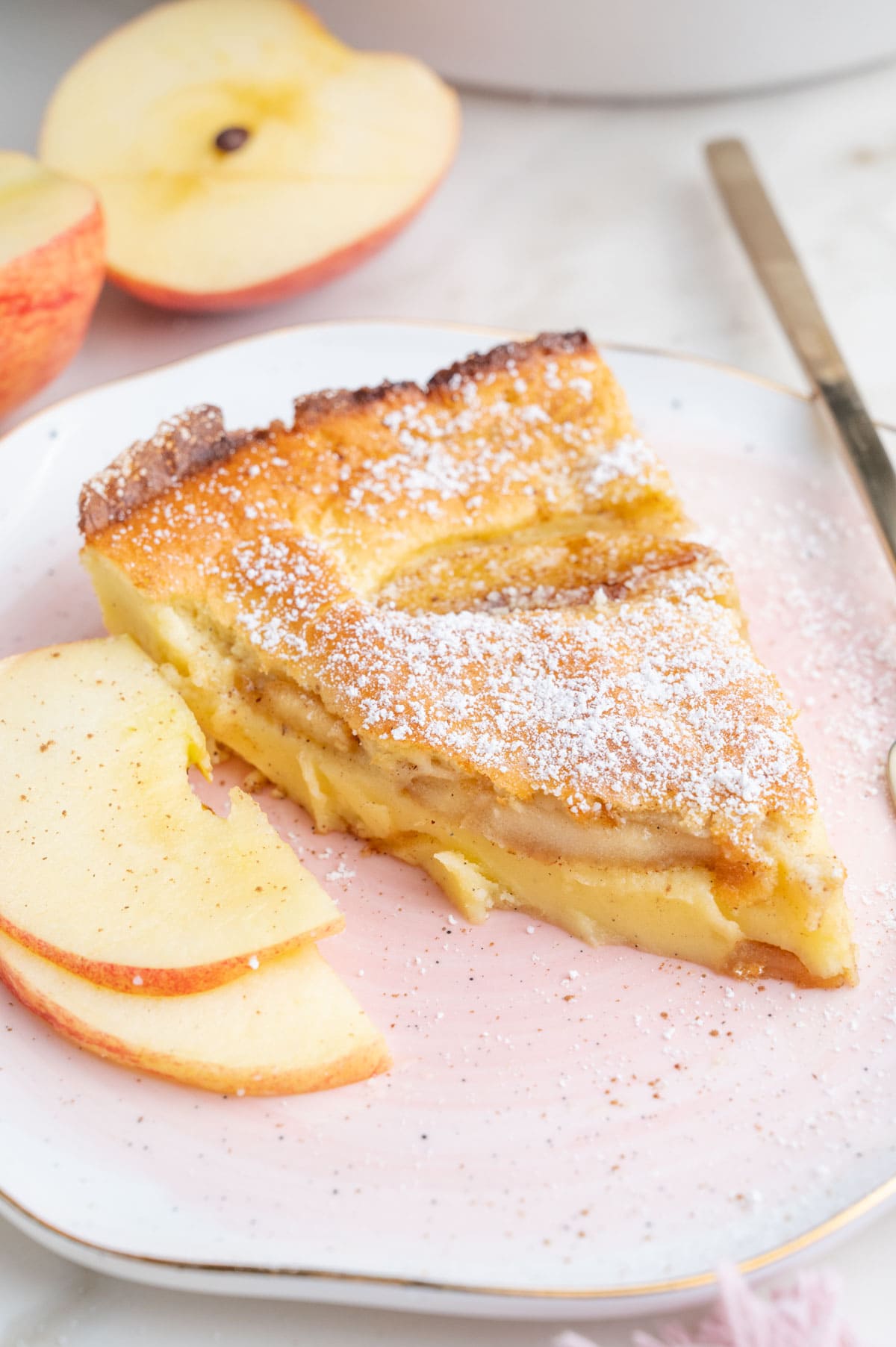 A slice of German apple pancake on a rose plate.